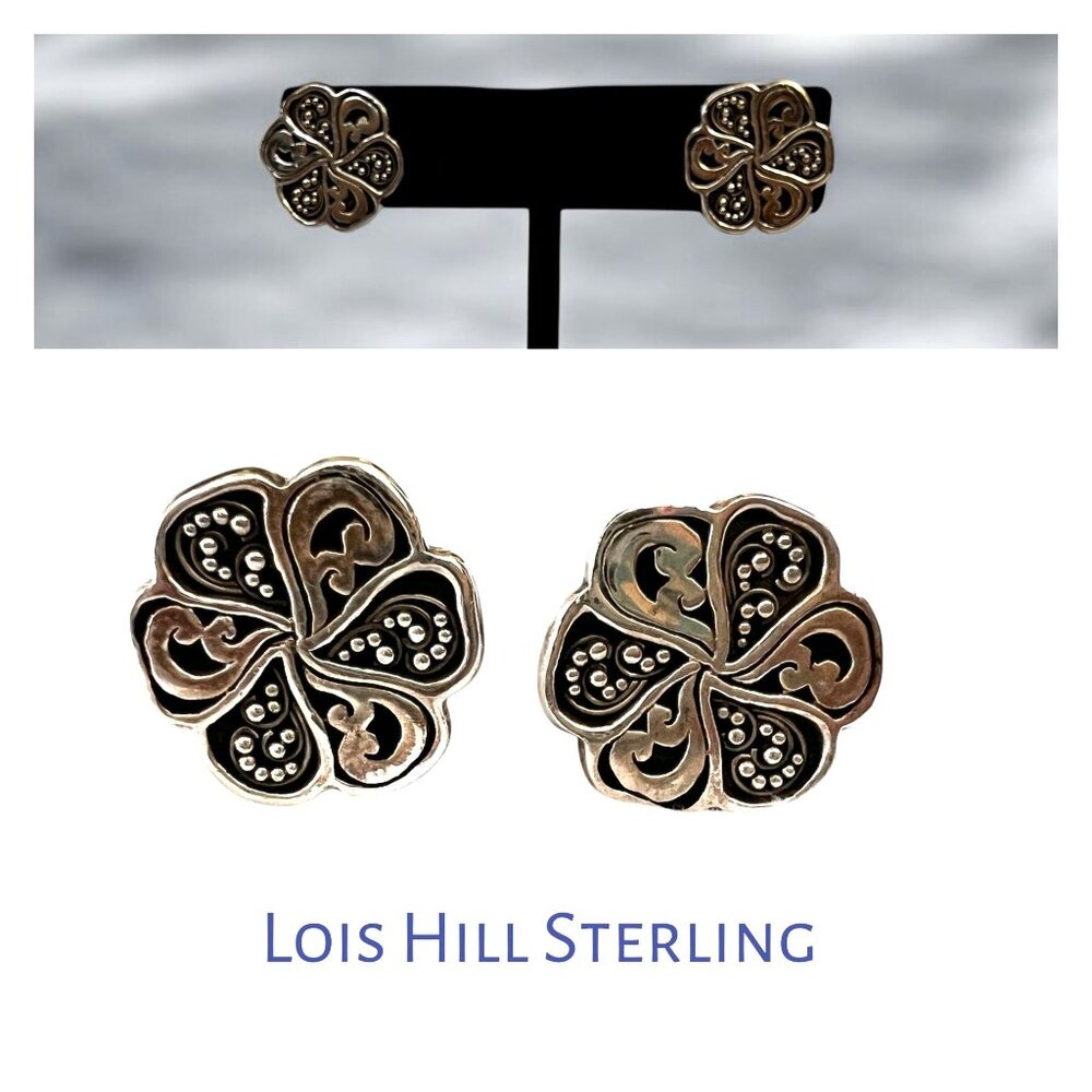 Lois Hill Sterling Silver Stud Post Earrings Oxidized Flower Paisley Vintage 925